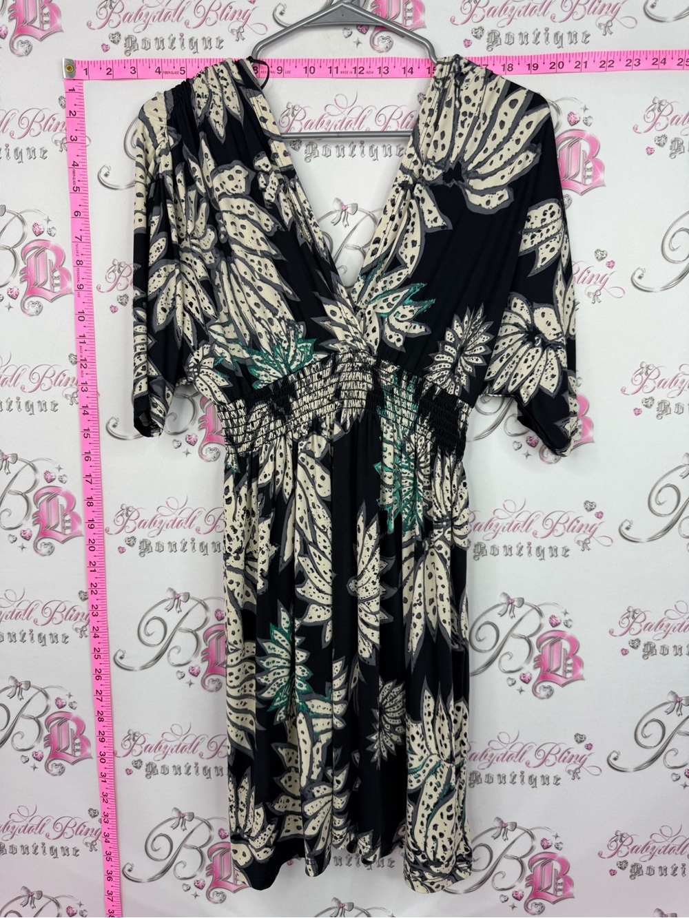 Black & Cream Floral V-Neck Smocked Waist Dress with Teal Accents